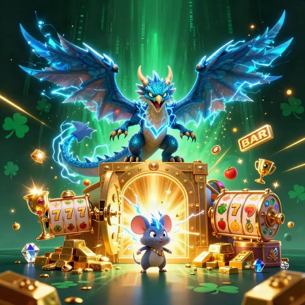 Thunder dragon, wind hawk, and static mouse amid a vault burst of gold and lightning.