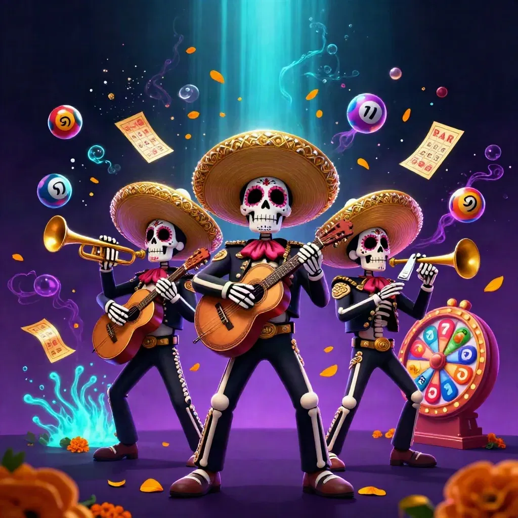 Three skeleton mariachi performers amid lottery balls, bingo card, reels, and neon casino magic.