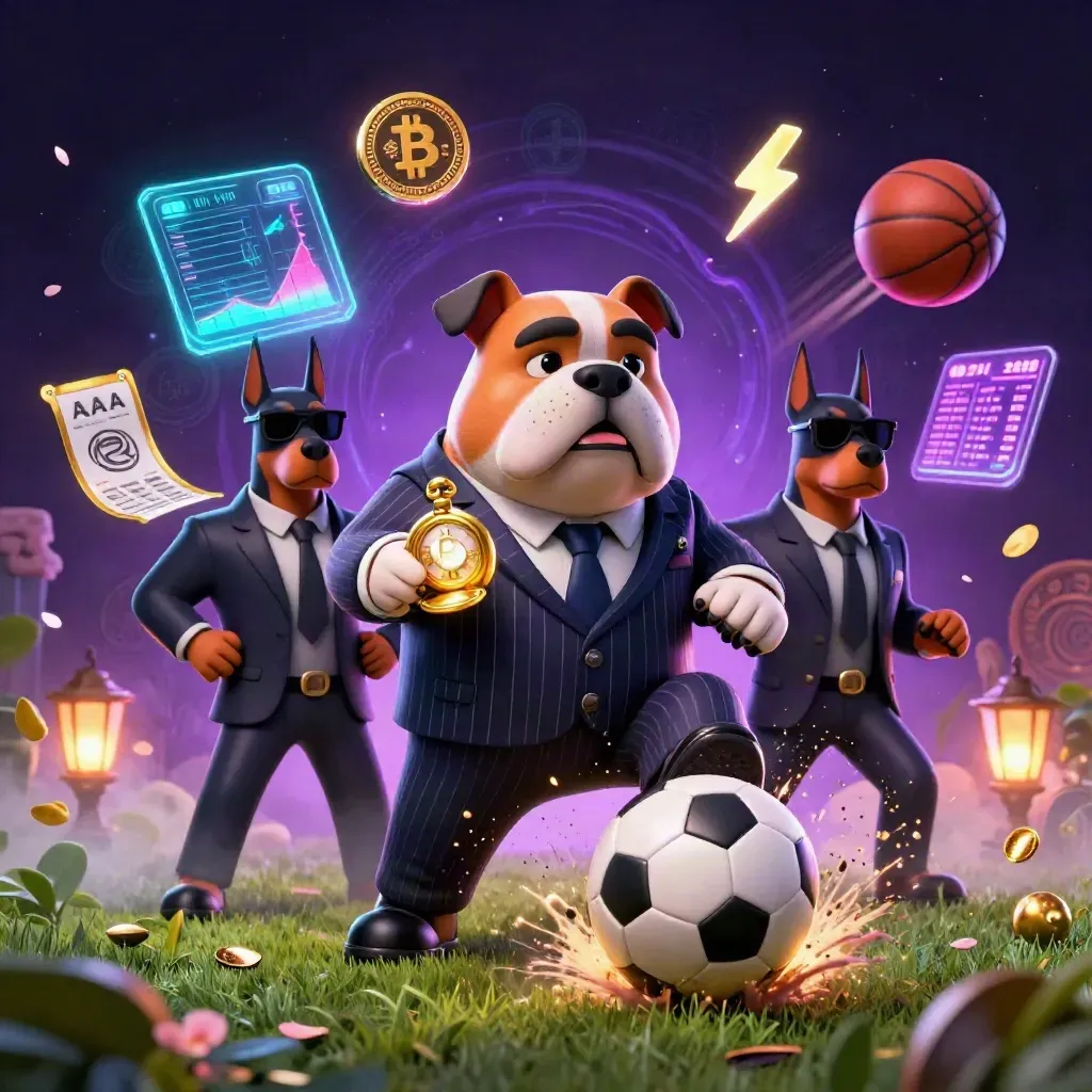 Low-angle cartoon bulldog mafia crew with neon crypto, soccer ball spray, and casino glow.