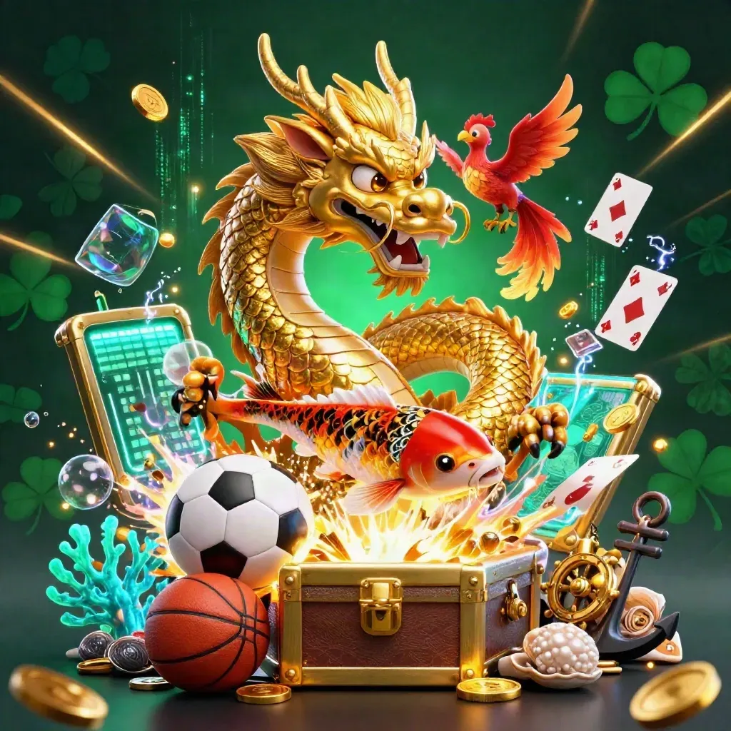 Golden dragon, phoenix, koi, coins, and sports balls erupt from a treasure chest in neon light.