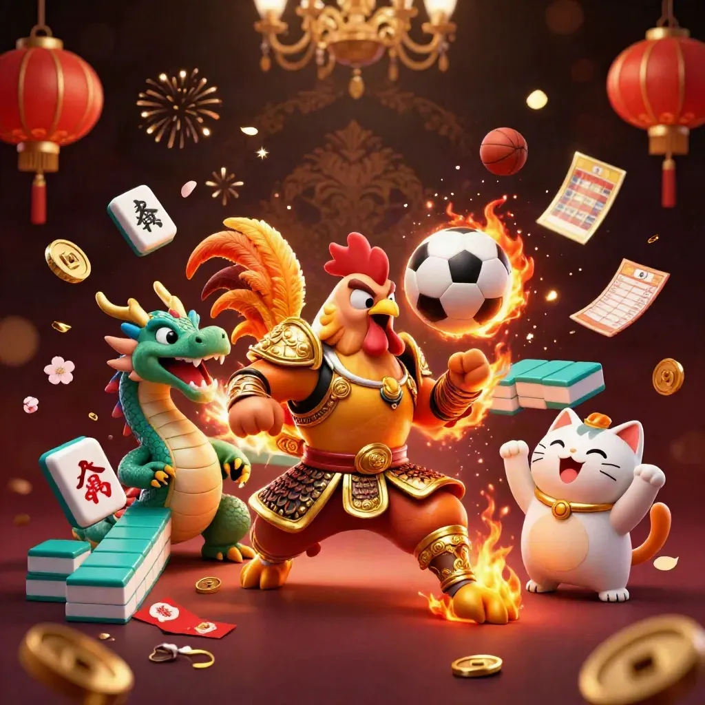 Rooster samurai, dragon hatchling and lucky cat around a flying soccer ball with casino gold glow
