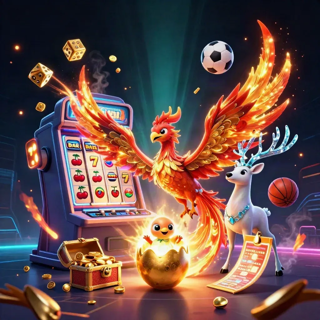 Fire phoenix, hatching egg, crystal stag, slot burst, dice, balls, and gold in neon casino light