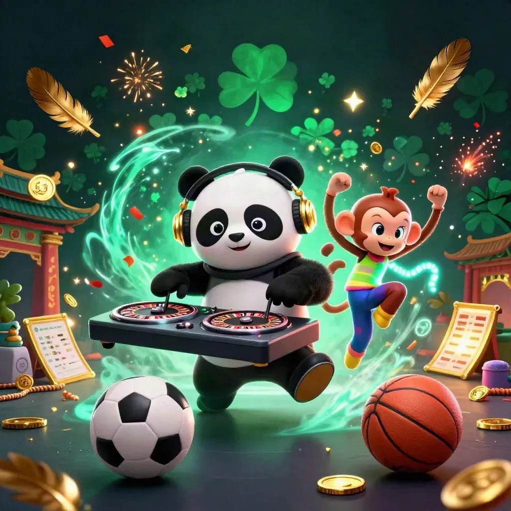 Cartoon panda DJ, monkey and kitten amid casino sports effects, coins, fireworks and neon haze.