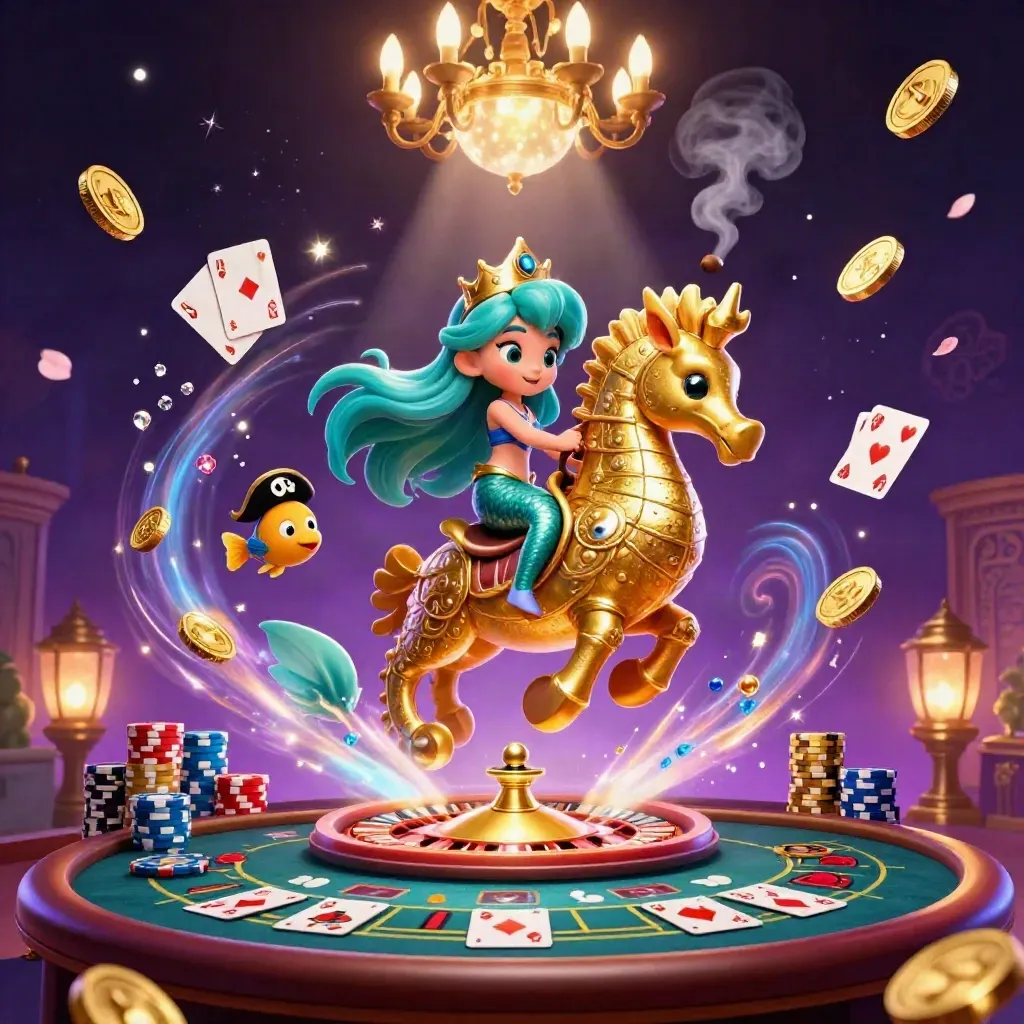 Mermaid princess on a gold seahorse with casino glow, coins, cards, chips, and a spinning roulette wheel.