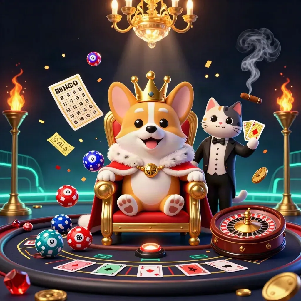 Royal corgi and cat butler amid casino props, neon-lit luxury room, spinning wheel and floating tickets.