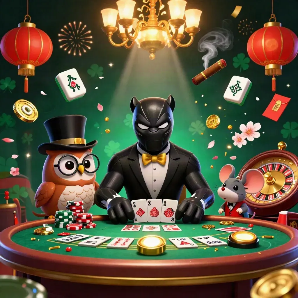 Panther, owl, and mouse in a luxe casino scene with lanterns, jade coins, and fireworks.