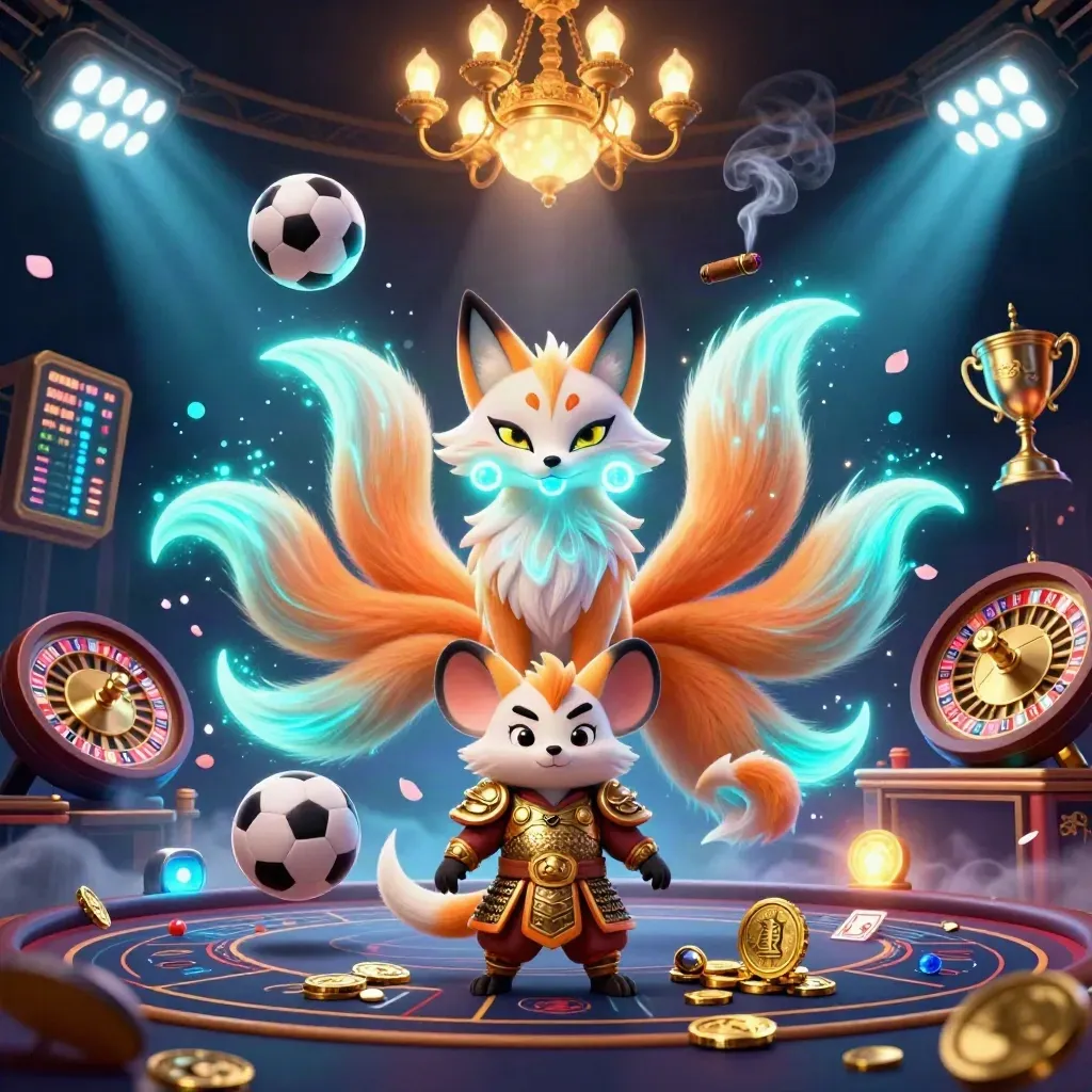Neon fox spirit and samurai mouse in a luxe casino lounge with sports balls, trophy, and roulette glow