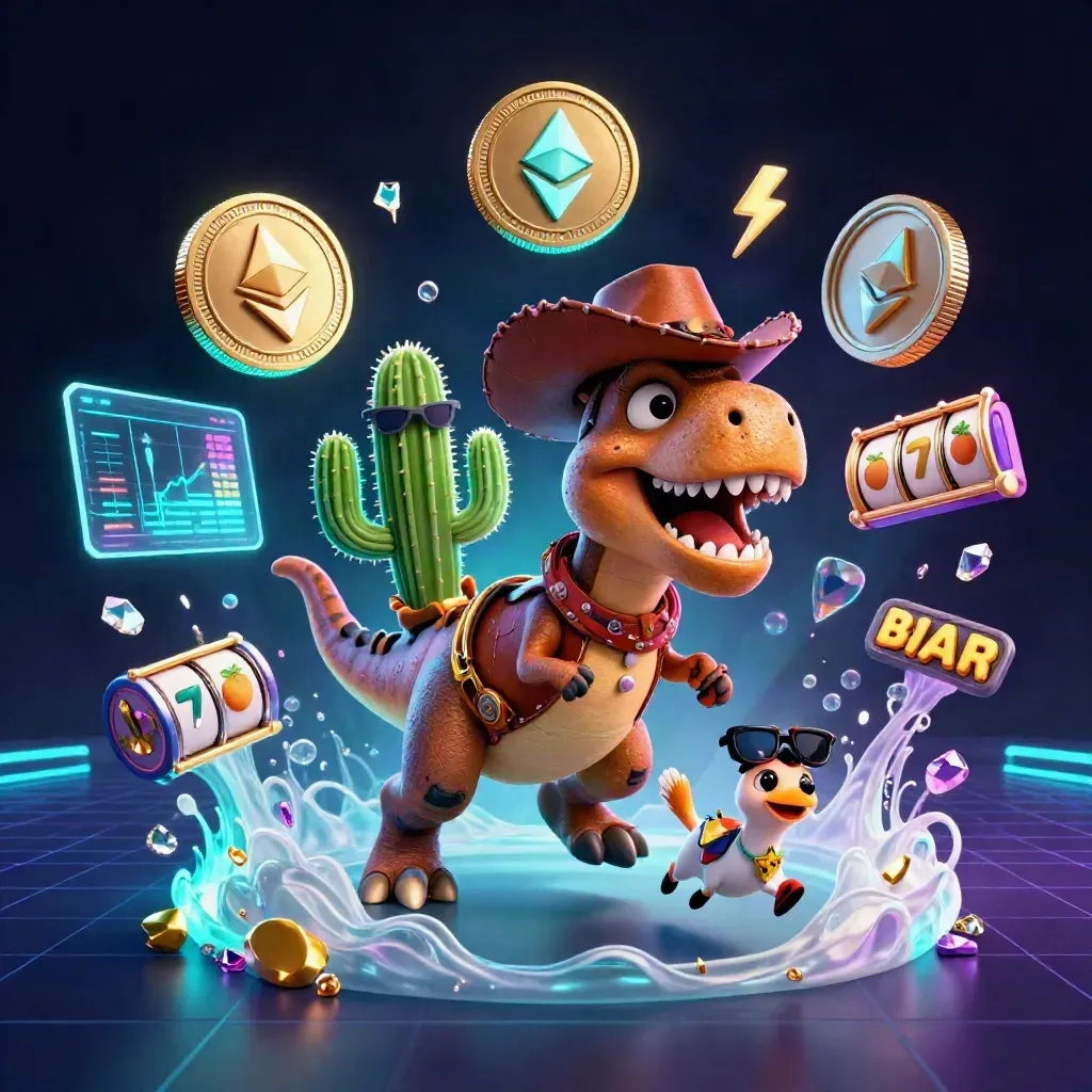 Cowboy T-Rex, cactus, and roadrunner burst through neon casino treasure and crypto effects.