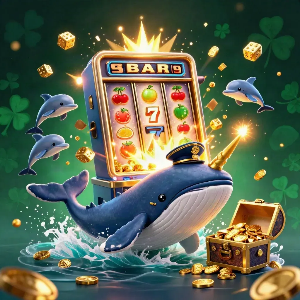 Whale captain, narwhal and dolphins burst from coins with jackpot gold and casino glow.