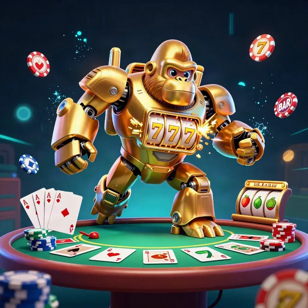 Golden gorilla slot mech with monkey pilot amid chips, cards, neon energy, and jackpot bursts.