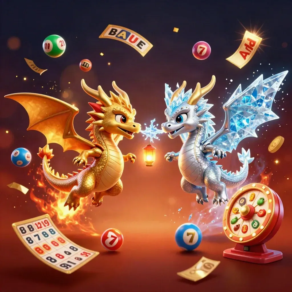 Gold and silver dragons spiral with fire and ice, surrounded by lottery balls, tickets, and casino glow.