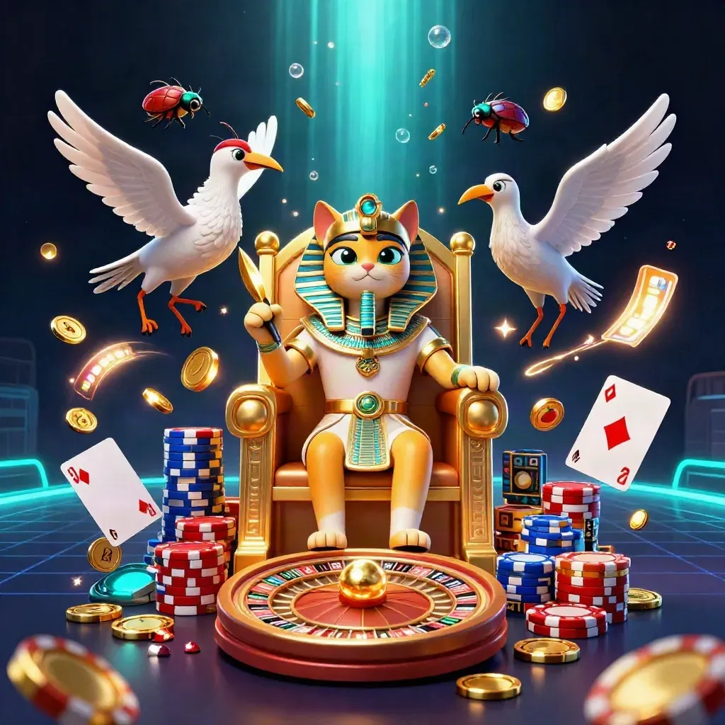 Pharaoh cat and ibis amid coin, gem, chip and card bursts in neon underwater casino glow.