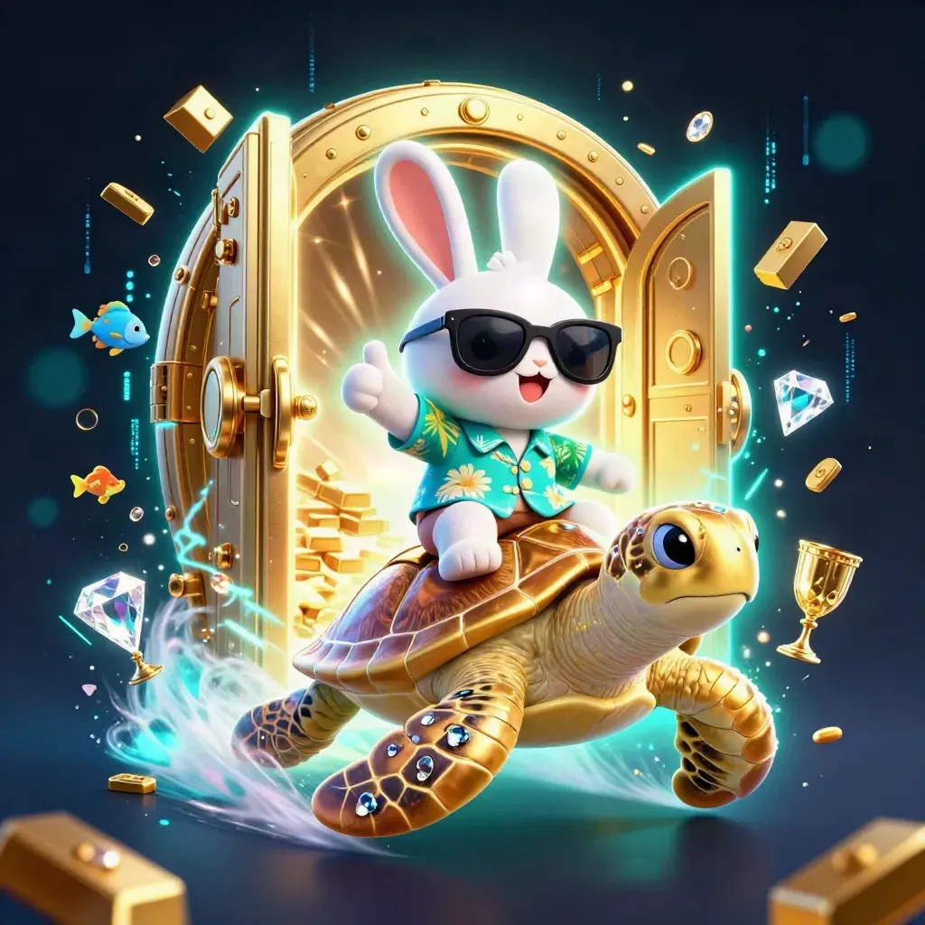 Lucky rabbit rides a gold sea turtle through a vault of treasure and teal lightning.