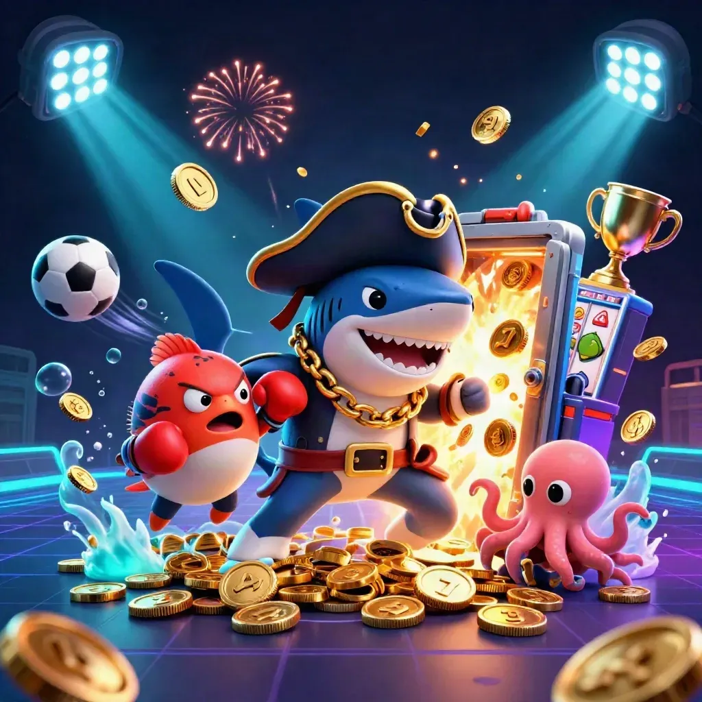 Shark pirate, boxing pufferfish, and juggling octopus amid coins, sports balls, and neon casino fireworks.