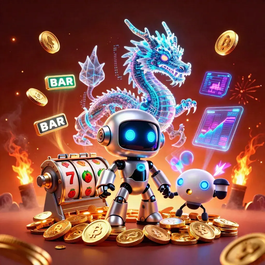 Robot, hologram dragon, and drone burst from treasure with coins, fireworks, and casino symbols.