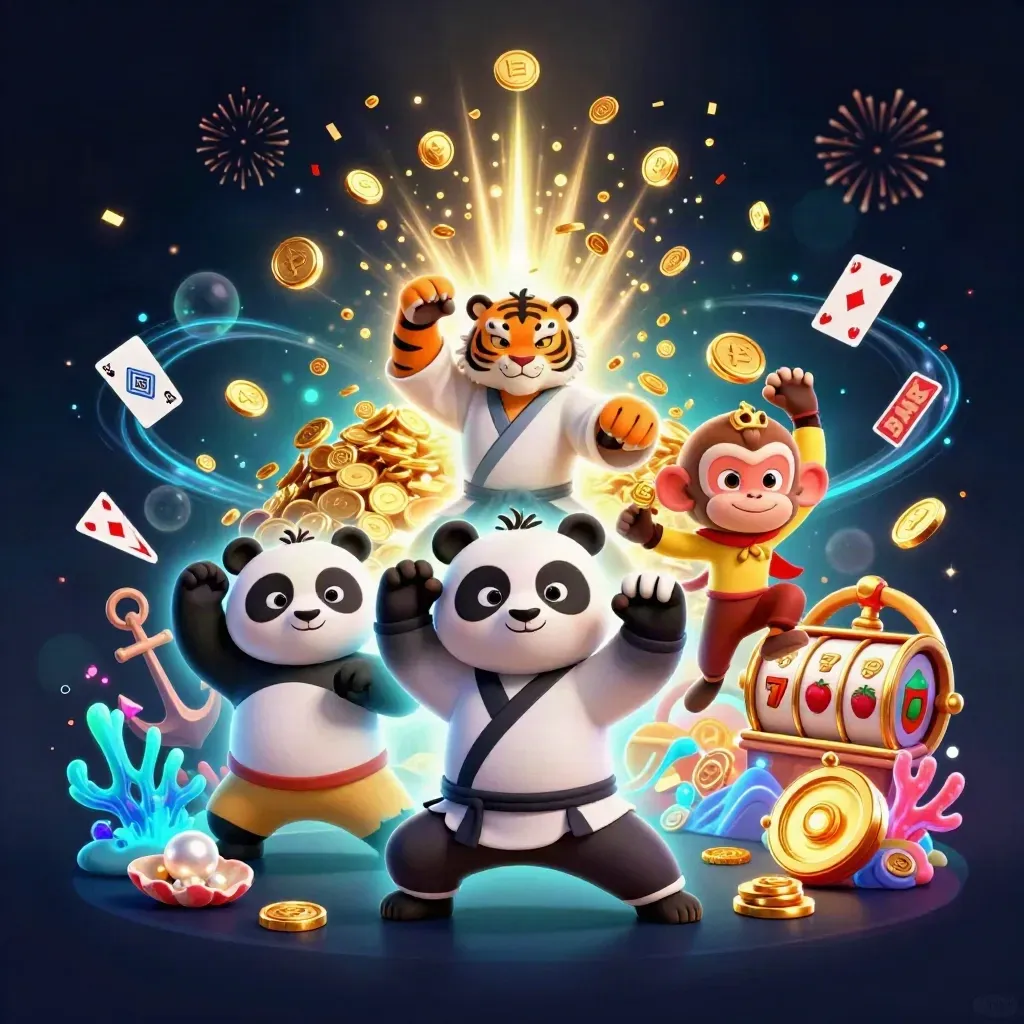 Kung-fu tiger, panda, and monkey celebrate amid coins, coral, reels, fireworks, and treasure.