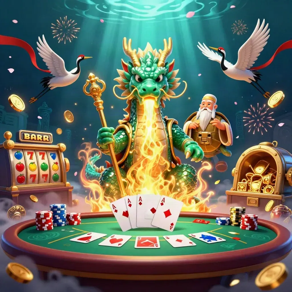 Dragon, turtle sage, cranes, poker chips, coins, reels and fireworks in a teal-gold burst.