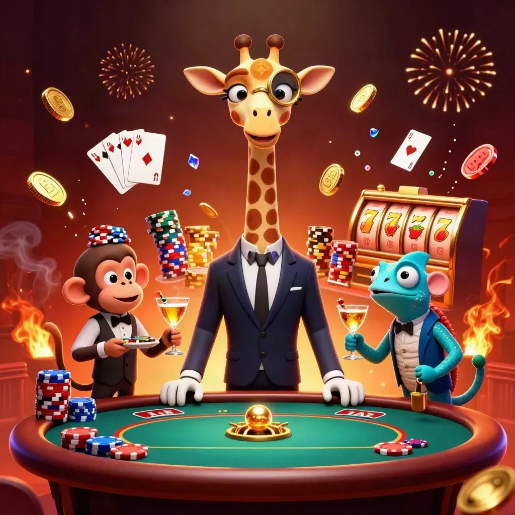 Giraffe, monkey valet, and chameleon bartender in a neon casino burst with coins, cards, reels, and fire.