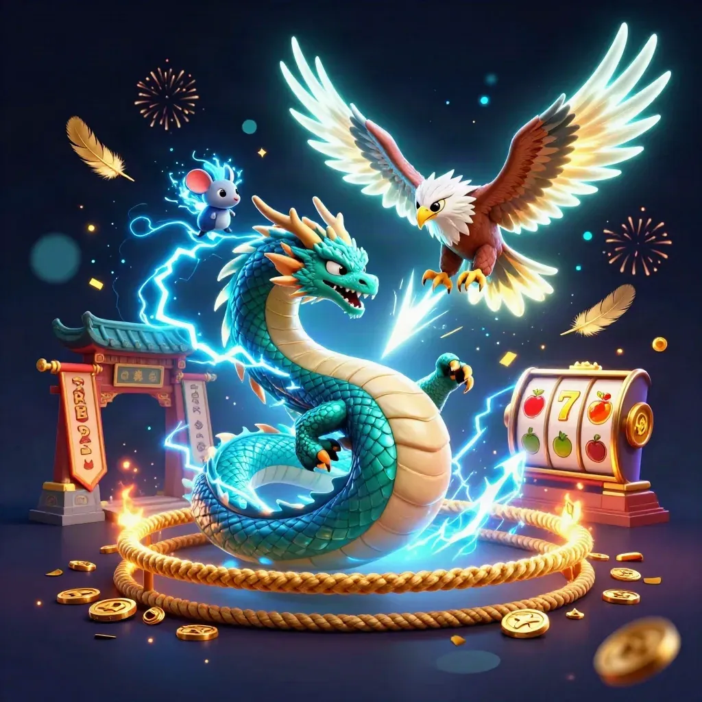 Thunder dragon, wind hawk, and static mouse amid casino relics and neon effects