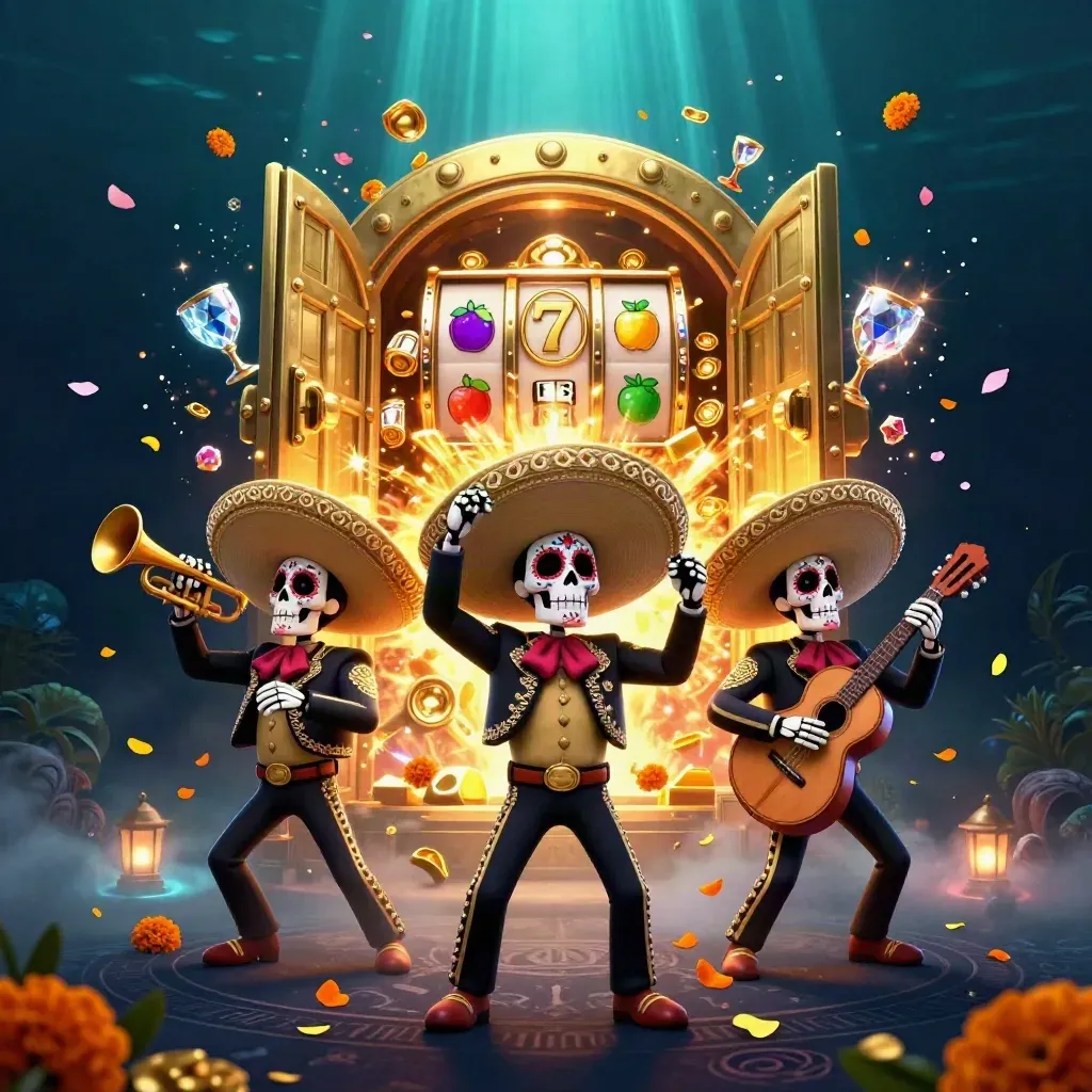 Skeleton mariachi trio blasting open a gold vault with slots, gems, and teal-gold casino glow.
