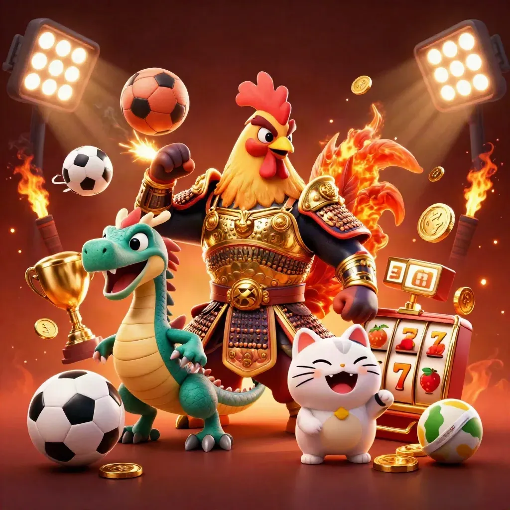 Rooster warrior, dragon hatchling, and fortune-cat amid coins, reels, sports balls, and casino fire.