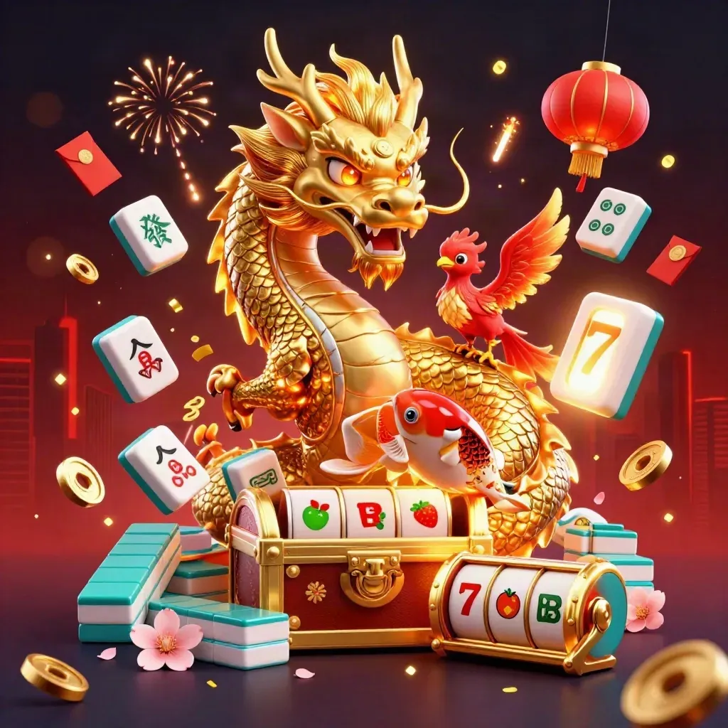 Golden dragon with phoenix and koi amid casino symbols in a dark neon key art scene.