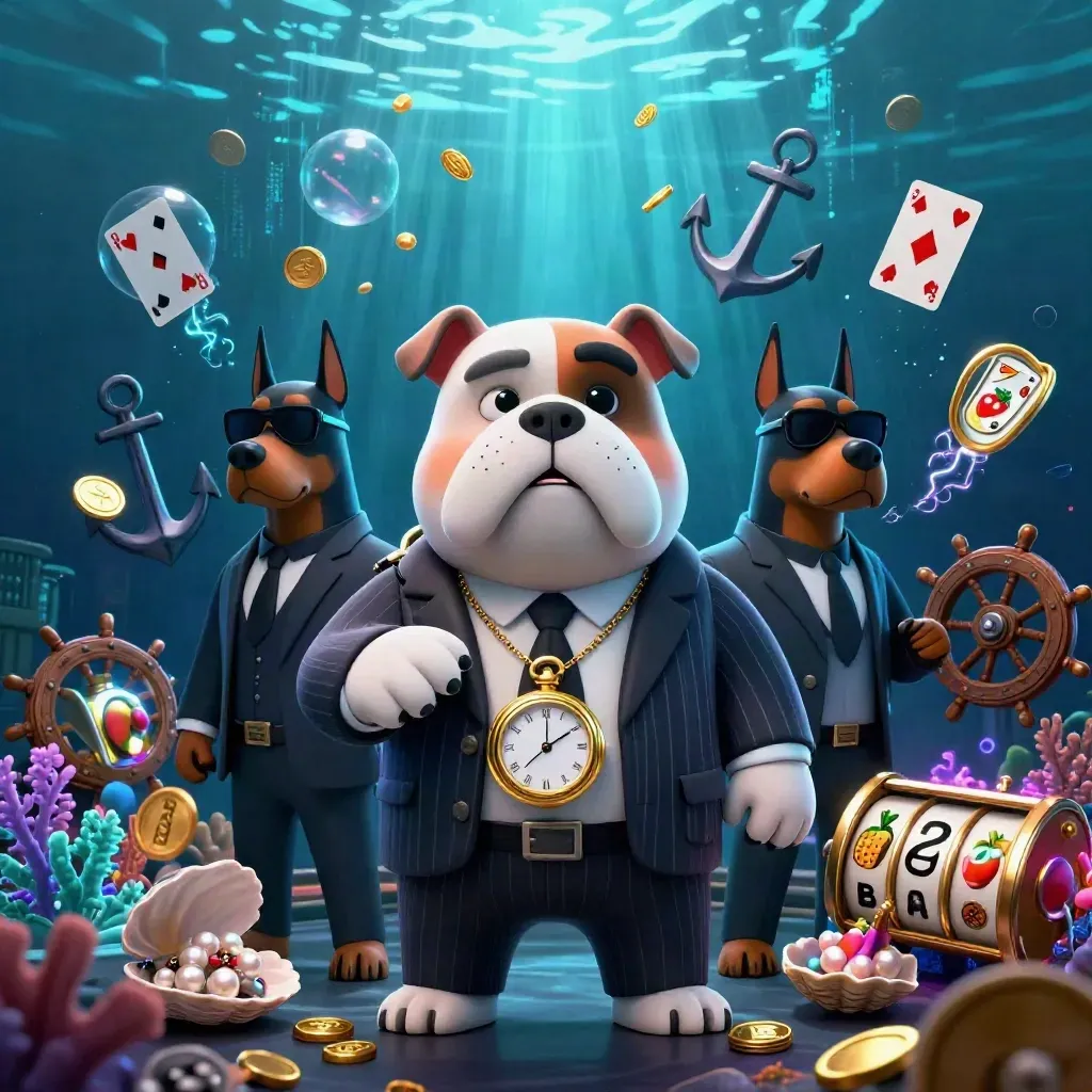 Bulldog mob boss and two Doberman guards in an underwater neon treasure cove.