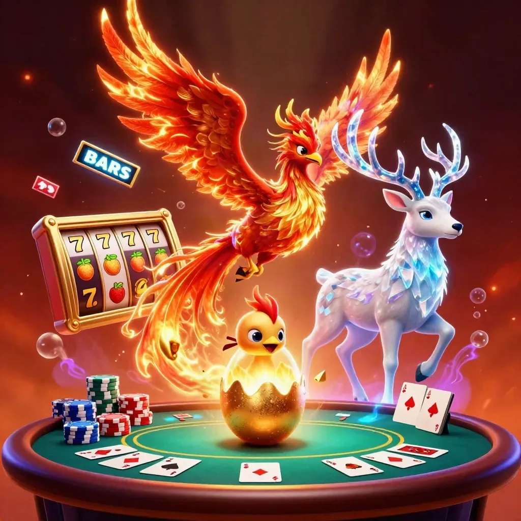 Phoenix, hatching chick, and crystal stag amid slot reels, poker chips, and neon casino magic.