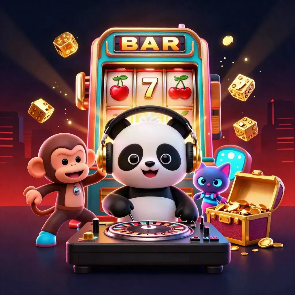 DJ panda, dancing monkey, and glow-stick kitten amid jackpot slot effects and gold sparks
