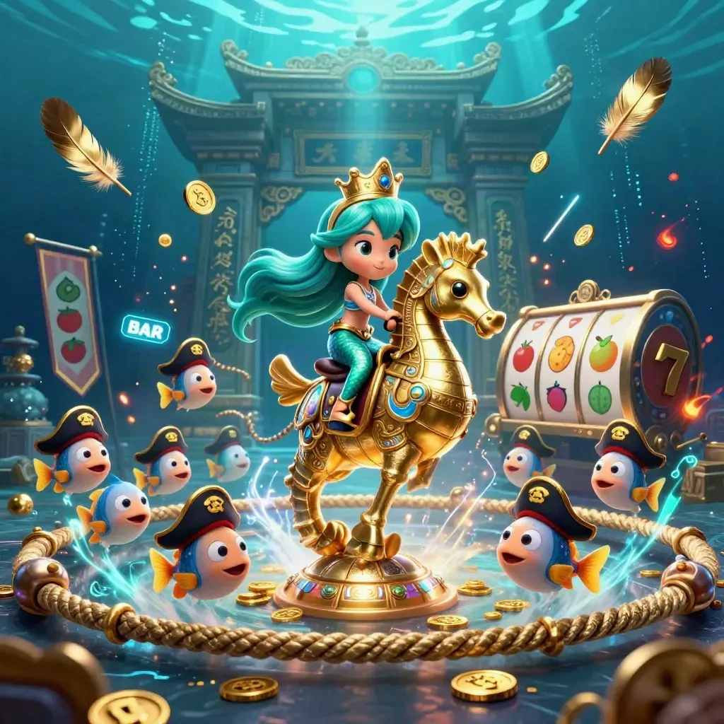 Mermaid princess on armored seahorse with pirate fish, coins, reels, and neon underwater casino glow